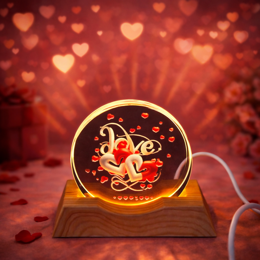 Love Double Heart Acrylic LED Lamp with Wooden Base Romantic Gift Light