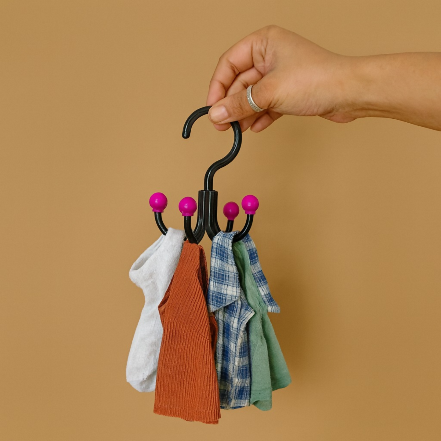 Multipurpose 360° Rotating Plastic Mini Hanger Hook Set of 4 | Colorful Multi Hook Organizer for Keys, Socks, Glasses, Towels & Accessories | Durable Rotating Hook for Wardrobe, Bathroom & Kitchen Use