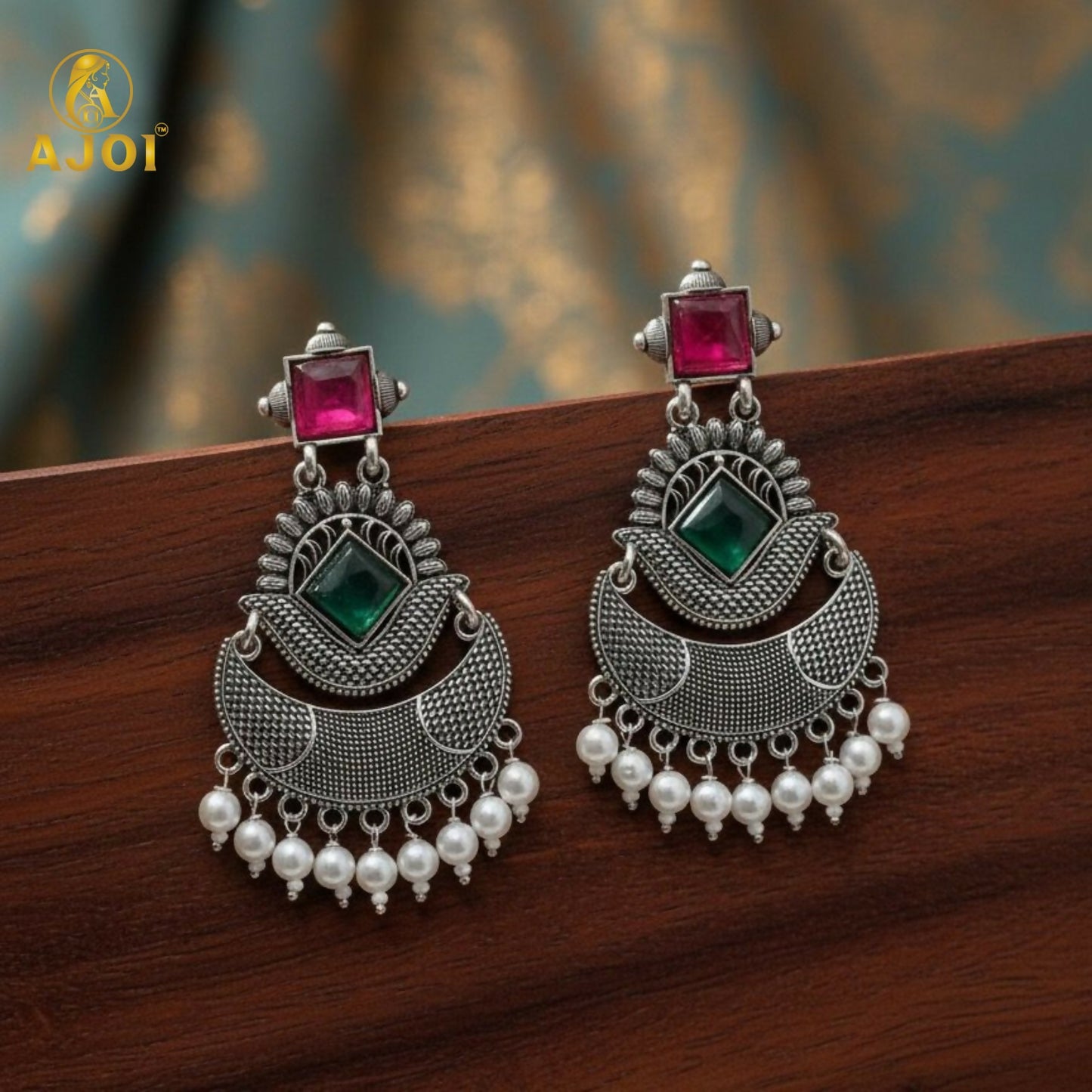 Antique Silver-Finish Chandbali Earrings with Green & Ruby-Tone Stones and Pearl Drops