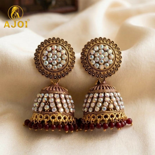 Antique Gold Pearl Jhumka Earrings with Maroon Ethnic Design