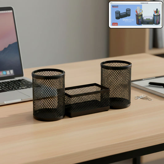 Dual Desk Mesh Pen Stand front view with two pencil holders and central tray
