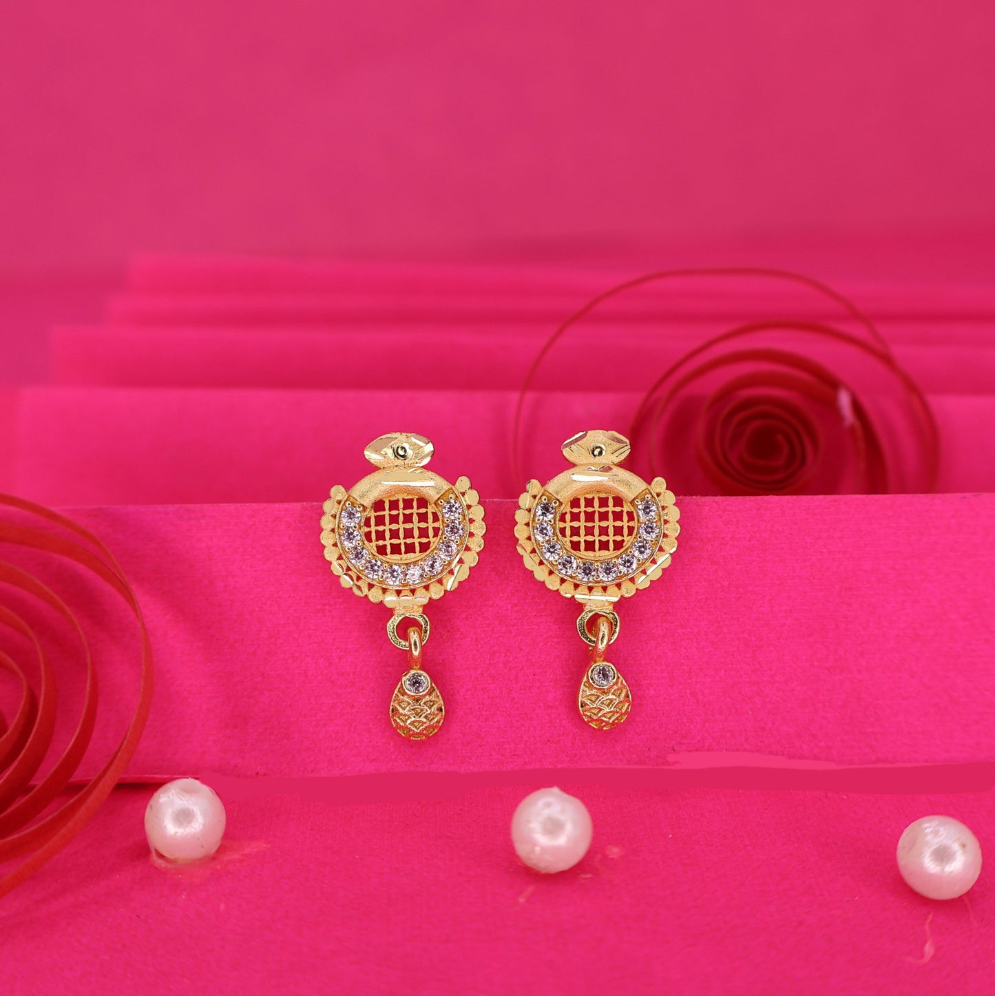 Gold Plated Grid Design Earrings with AD for women and girls