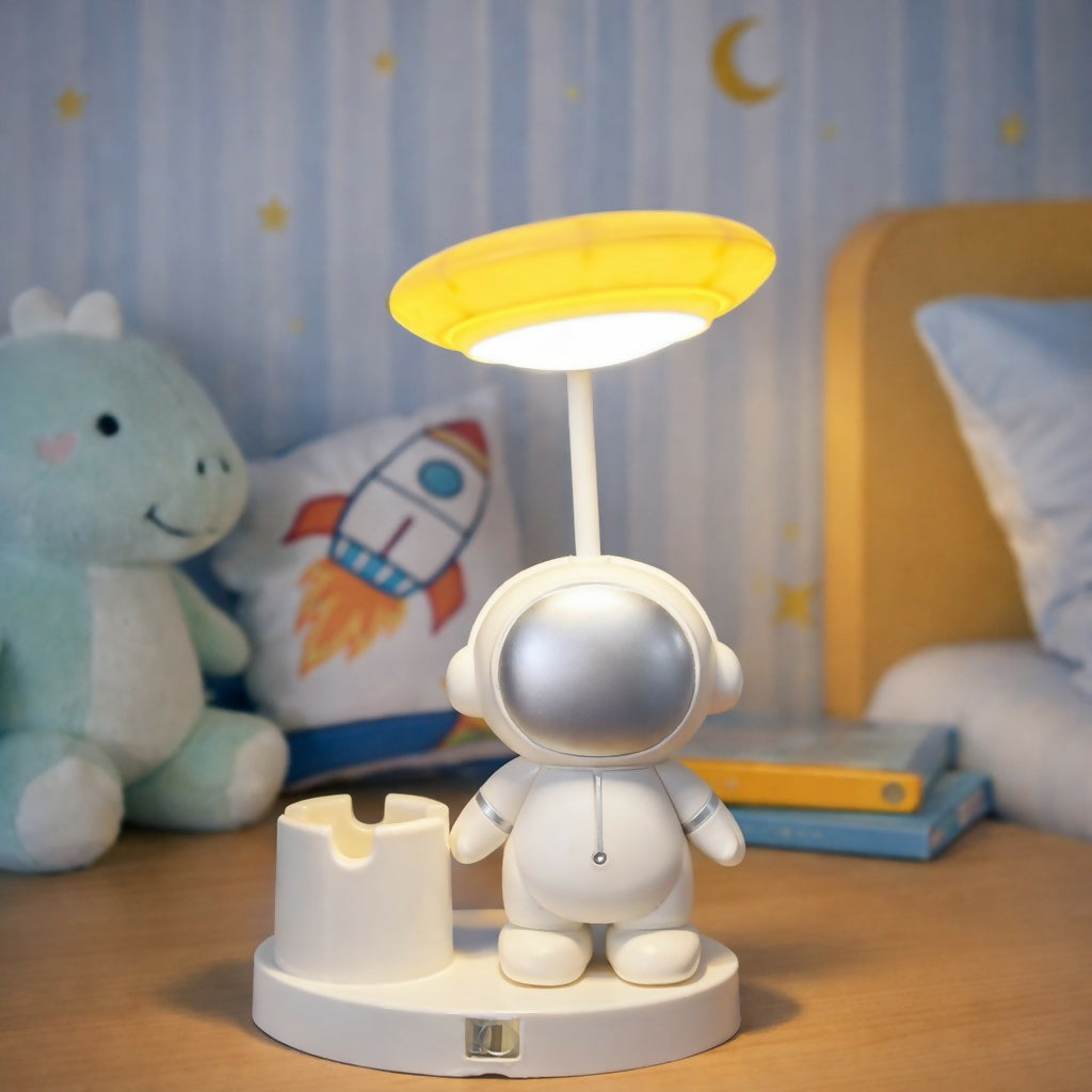 Yellow Astronaut LED Desk Lamp with Pen Holder for Study Table, Kids Room & Bedside
