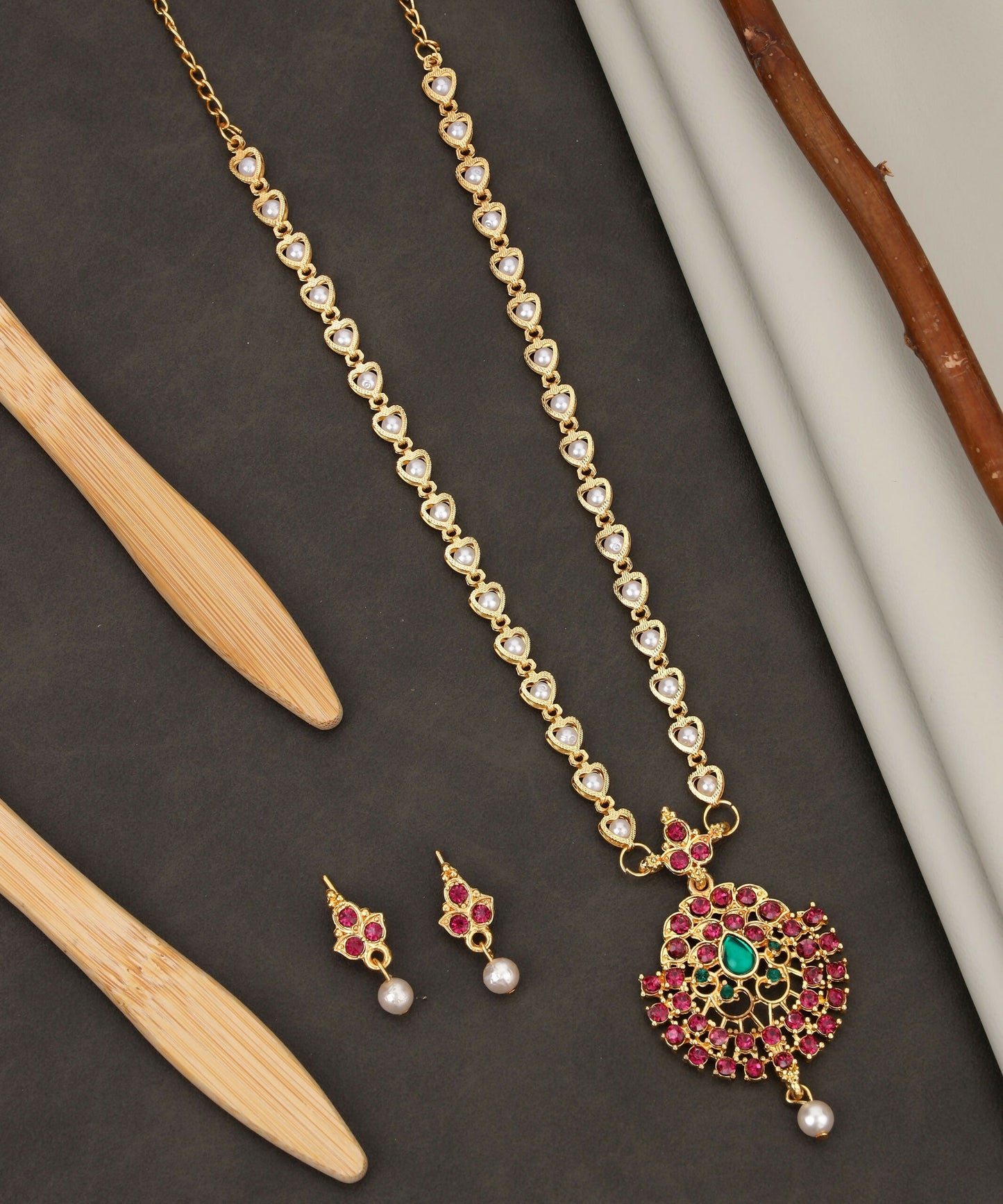 Gold-Tone Green-Pink & Crystal Flower Choker with Pearl Drops