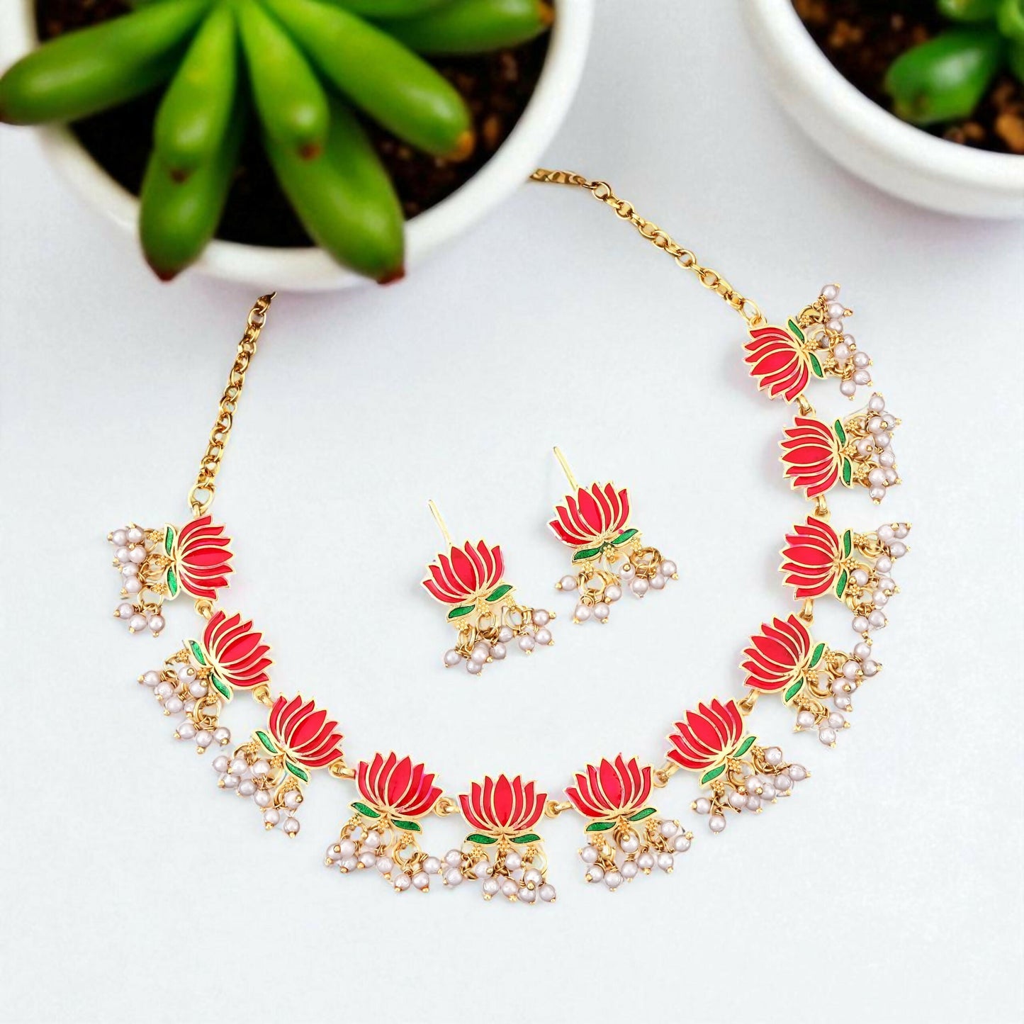 Elegant Gold-Toned Emerald & American Diamond Vine Necklace Set