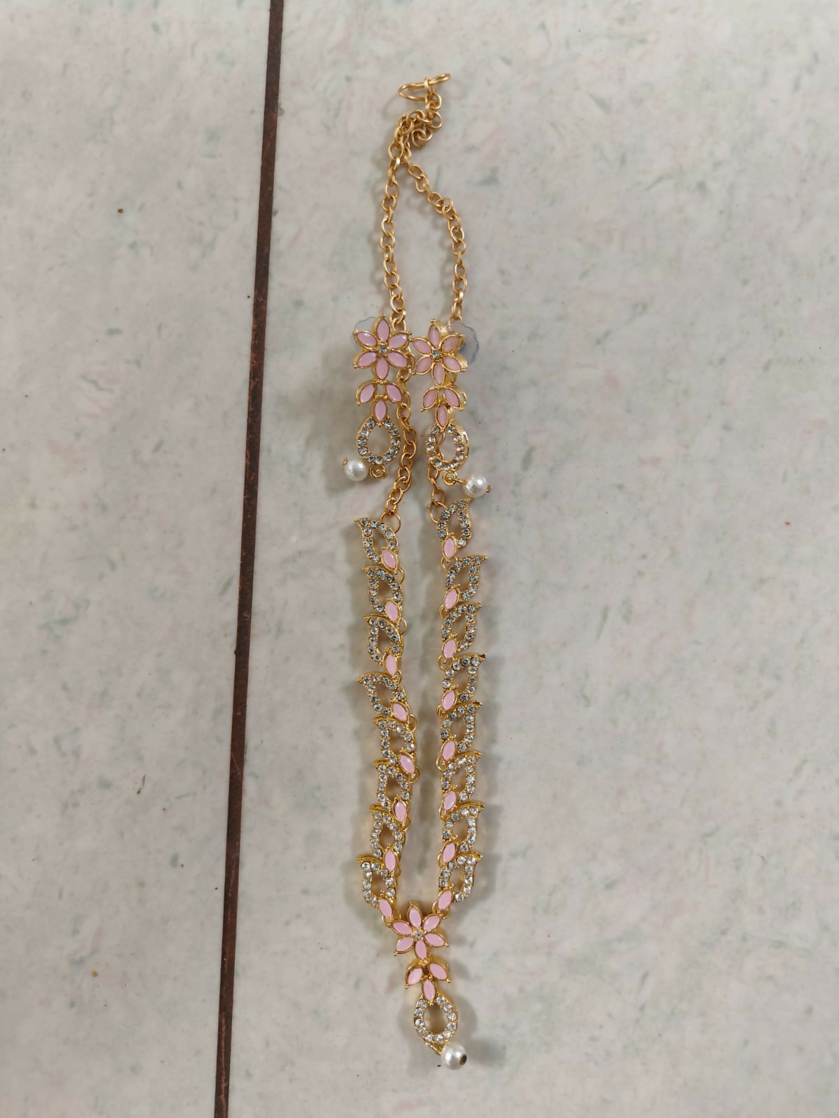 Delicate Baby Pink Floral & Crystal Necklace Set with Pearl Drop