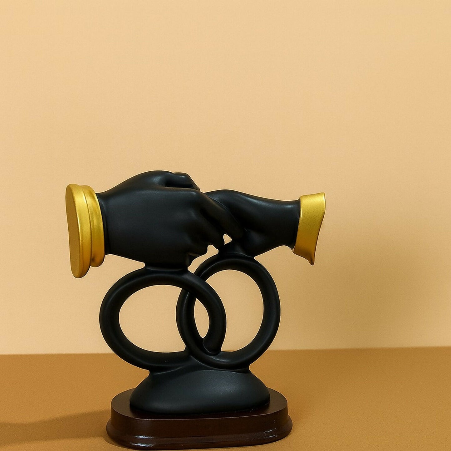 Luxury Black & Gold Handshake Figurine with Interlocked Rings & Floral Base | Romantic Couple Holding Hands Showpiece for Home Décor, Wedding Gift, Anniversary Gift, Office Desk & Living Room Decoration