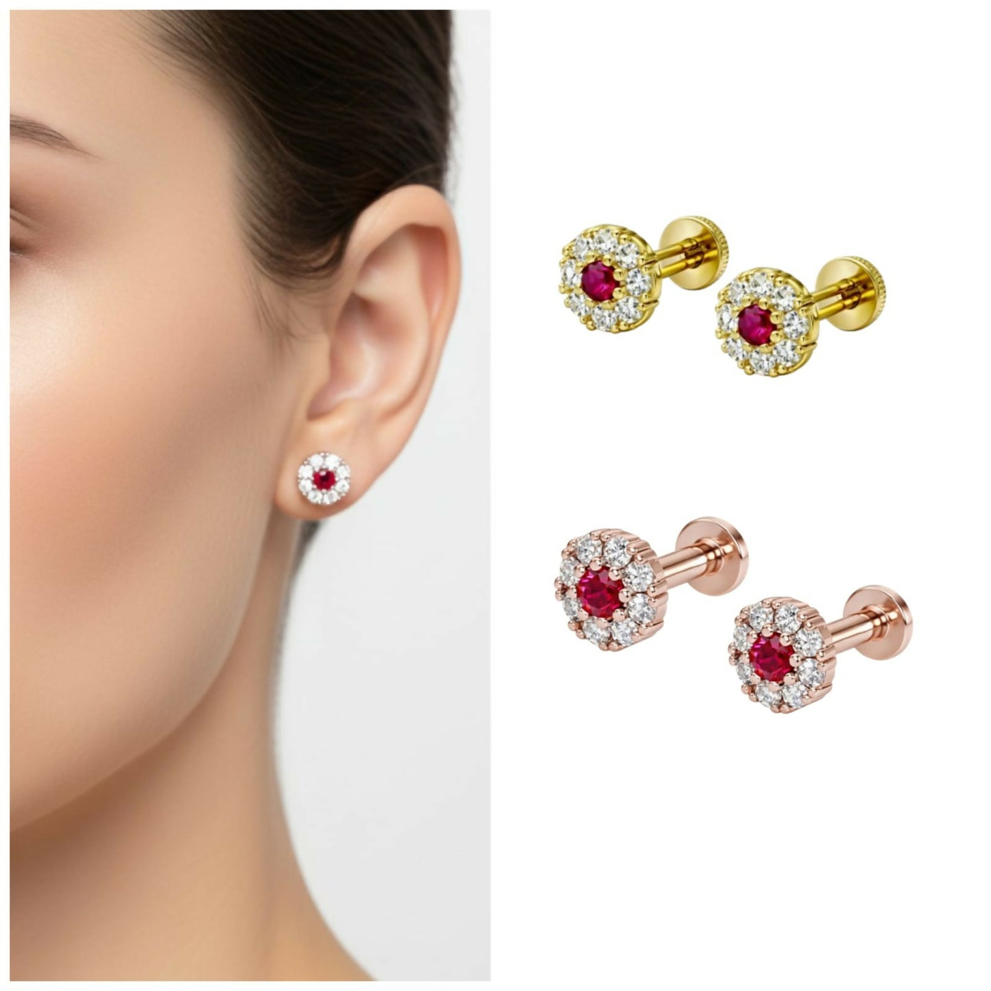 Close-up of Ruby Halo Stud Earrings in Rose Gold plating with crystal halo