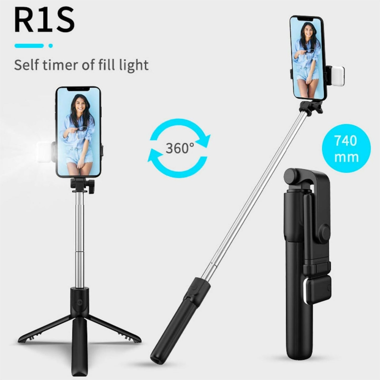 RLS 3-in-1 Selfie Stick Tripod with Detachable Wireless Remote & LED Fill Light for Smartphones – Extendable Portable Selfie Stick Stand with Adjustable Phone Holder for Selfies, Vlogging, Video Calls & Travel