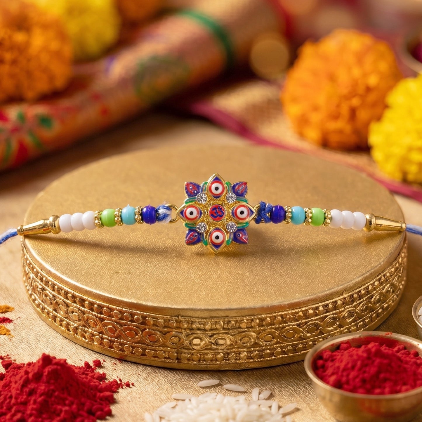 Top view of Multi Evil Eye OM Star Designer Rakhi showing thread detail