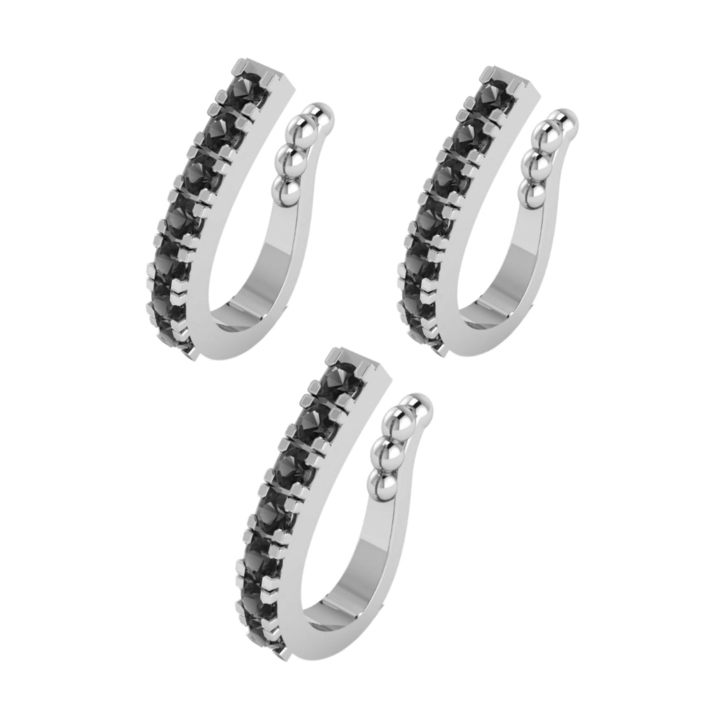 Silver Black CZ Single Row Non-Pierced Nose Cuff/Ring Combo Pack of 3