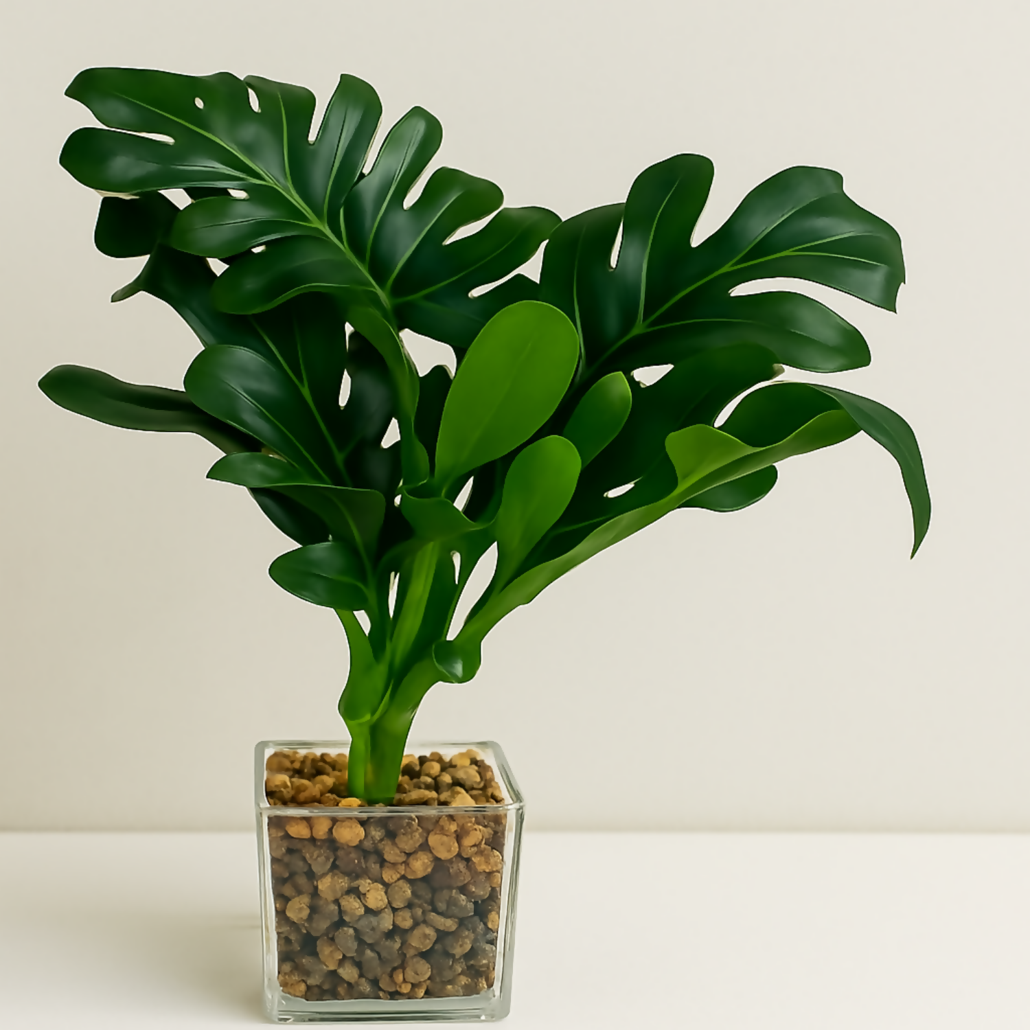 Artificial Monstera Plant with Decorative Pot – Realistic Faux Tropical Green Leaves | Indoor Home Office Desk Décor | Low Maintenance Tabletop Decoration