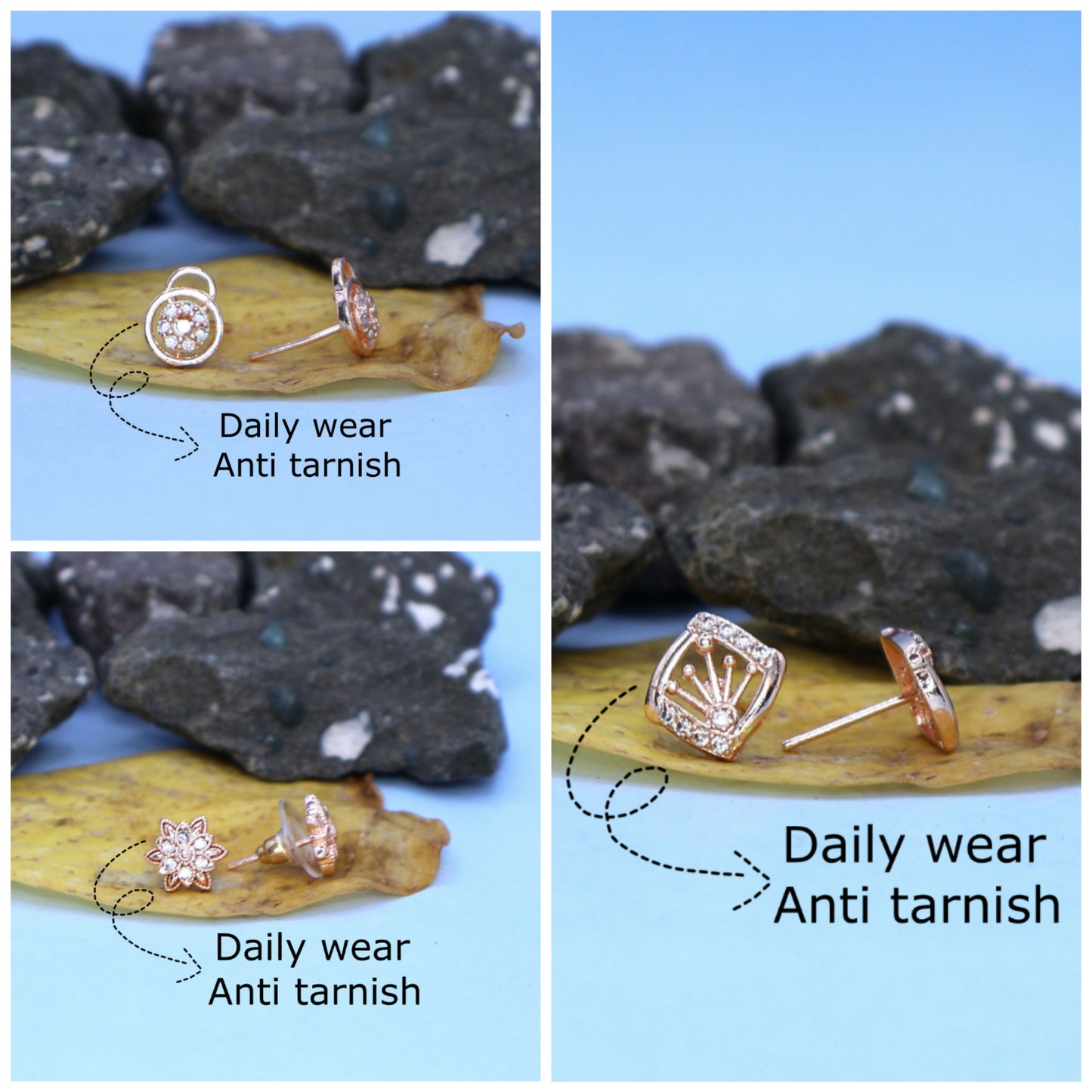 Rose Gold AD Stud Earrings Set | 3 Pair Combo | Diamond Look for women and girls