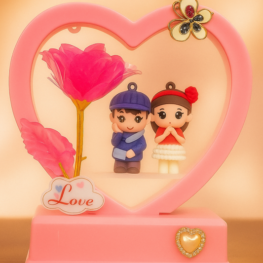 Romantic Heart LED Couple Showpiece with Pink Frame & Pink Rose | Cute Love Figurine Light for Bedroom, Anniversary, Valentine, Wedding & Home Decor Gift