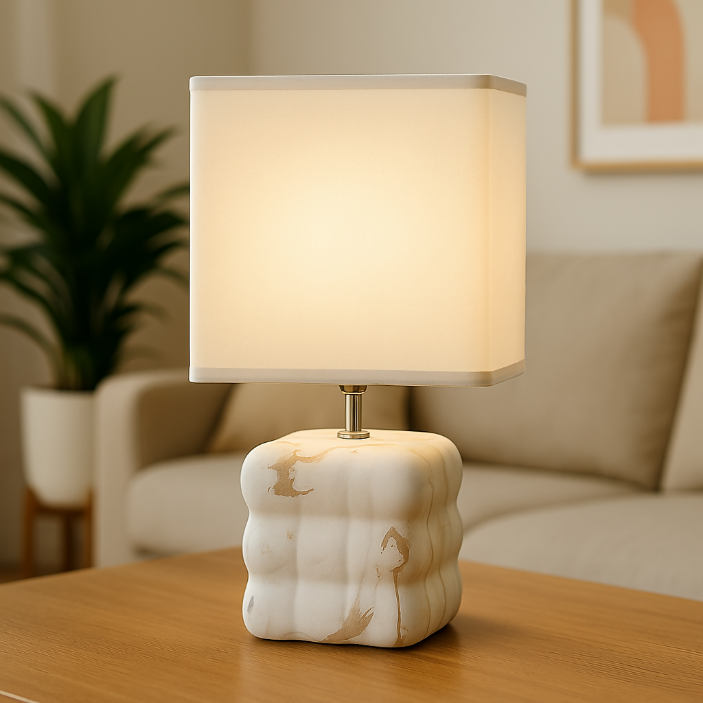 Luxury White Marble-Texture Ceramic Table Lamp with Square Fabric Shade | Artistic Bubble-Design Base Night Lamp for Bedroom, Living Room & Study | Warm Ambient Decorative Home Lighting