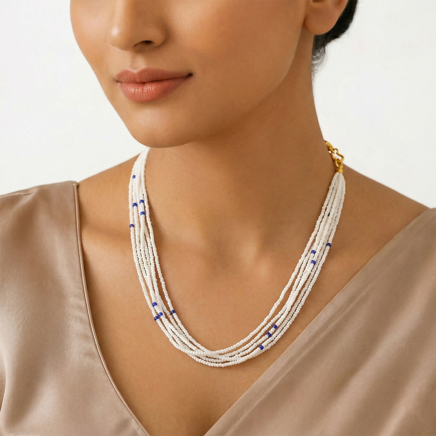 Elegant Multi-Layer Pearl Beaded Mala Necklace with Blue Accent Detailing