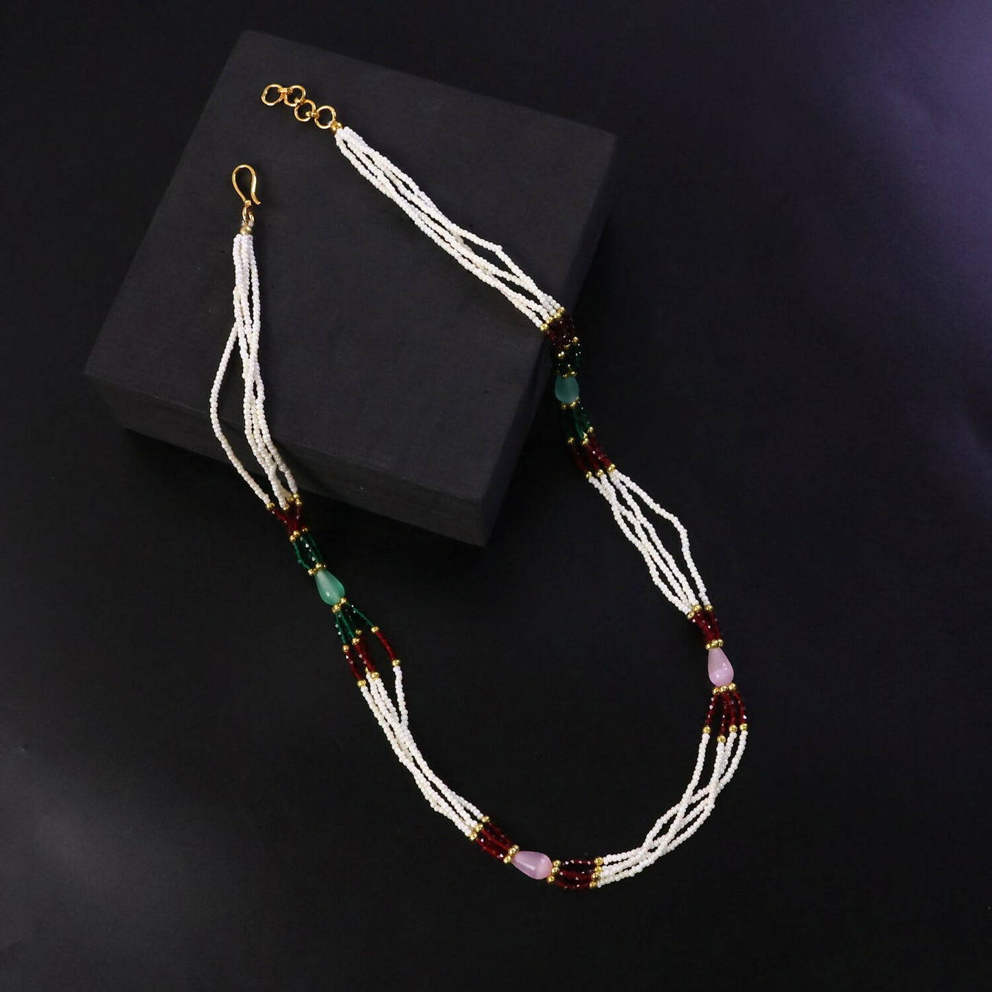 Elegant Multi-Layer Pearl Beaded Necklace with Red, Green & Pastel Stone Accents