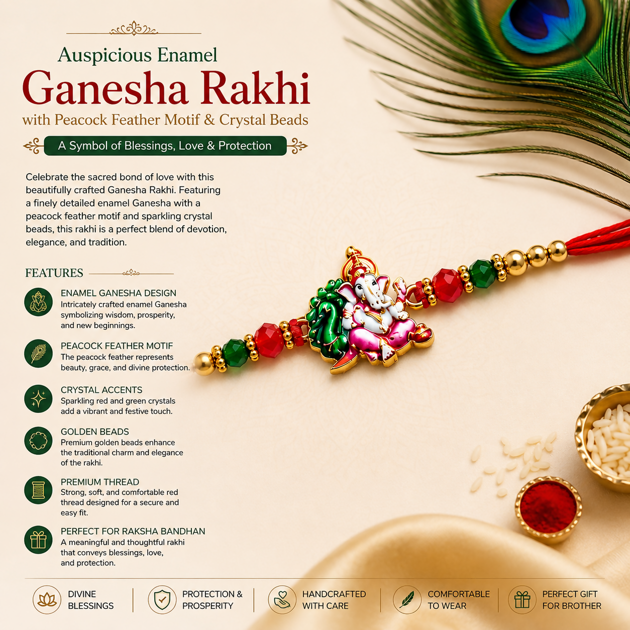 A product description for an enamel Ganesha Rakhi with a peacock feather and crystal beads, alongside the Rakhi itself and a