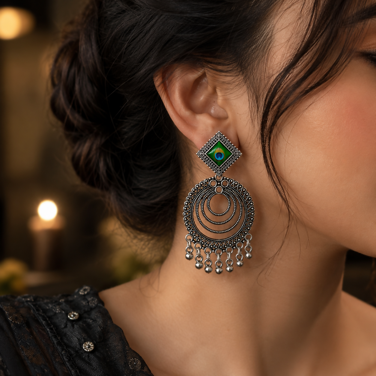 Angled view of traditional oxidised jhumka earrings with dangling beads.