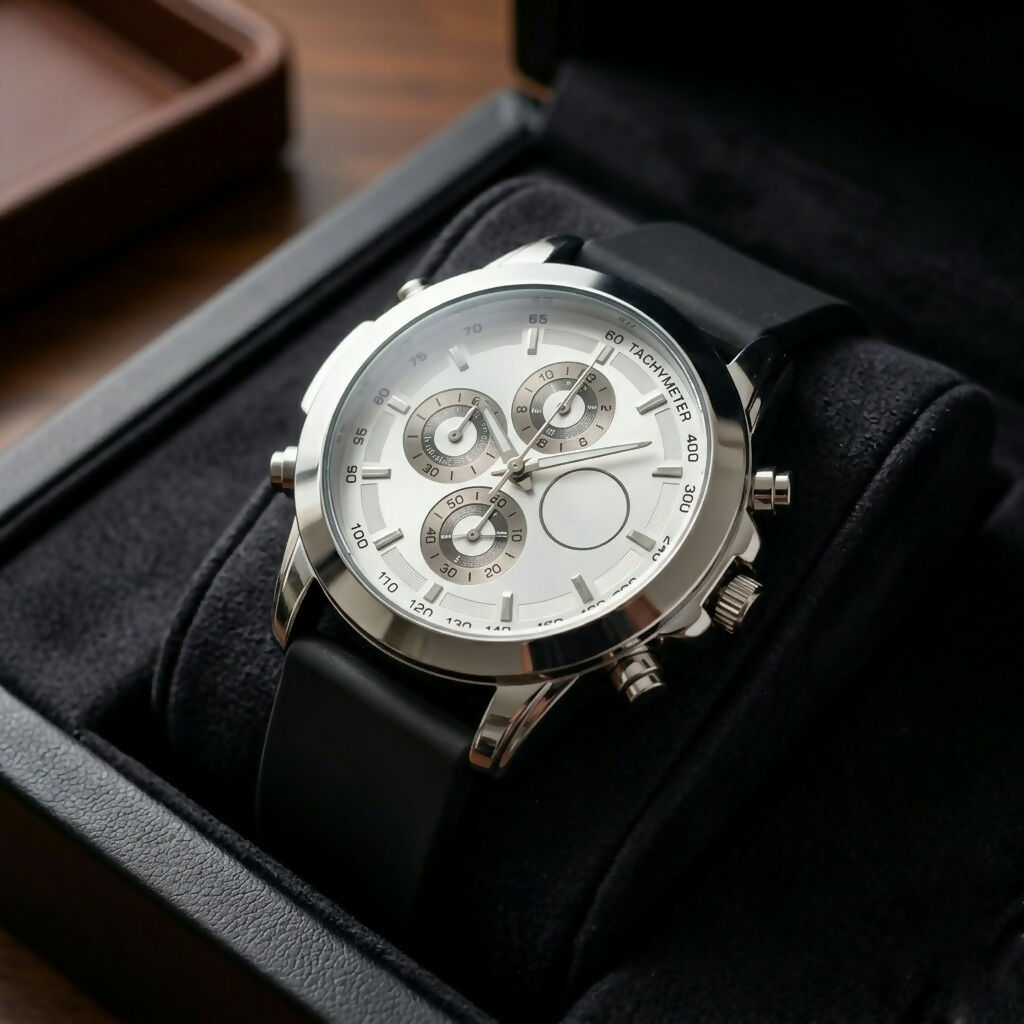 Silver chronograph watch with a white dial and black silicone strap, presented in an open black velvet box.