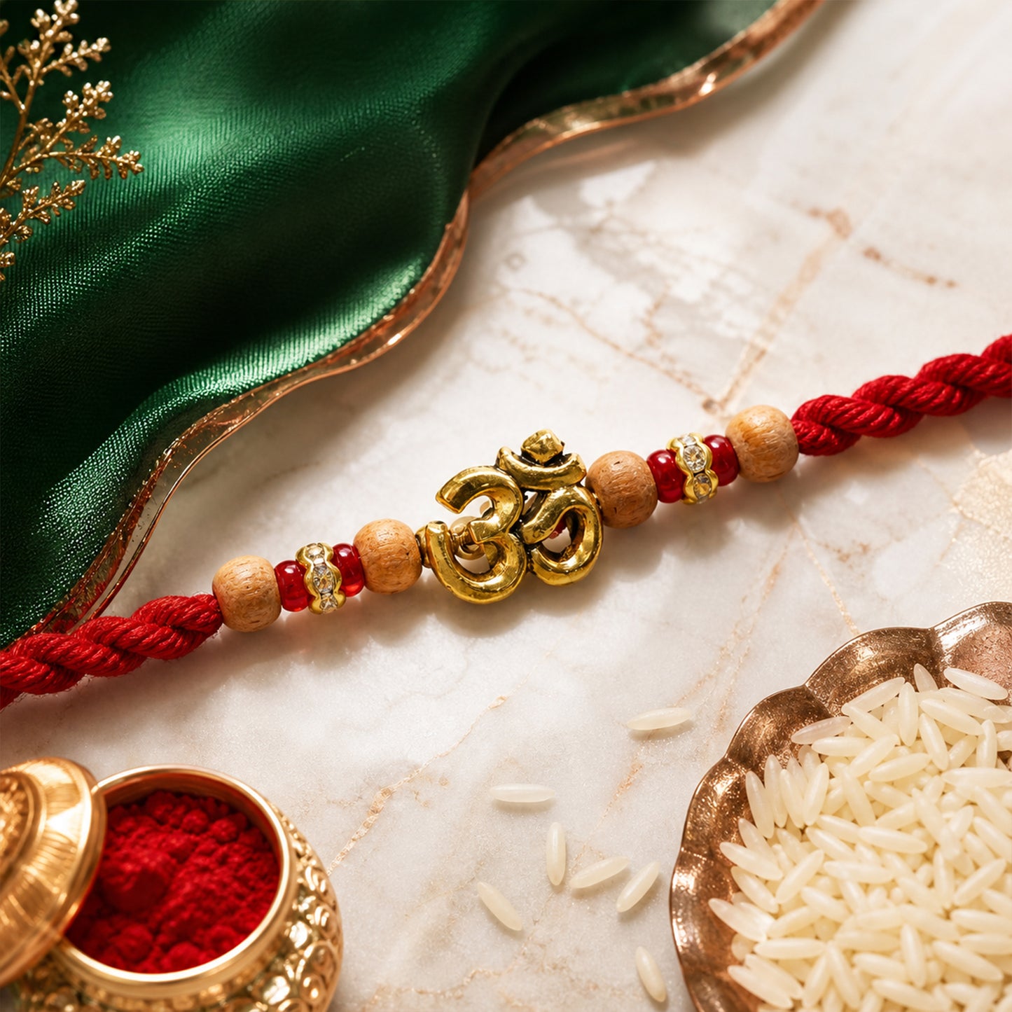Navy-Red Thread Rakhi with Golden Om Pendant and Beaded Accents