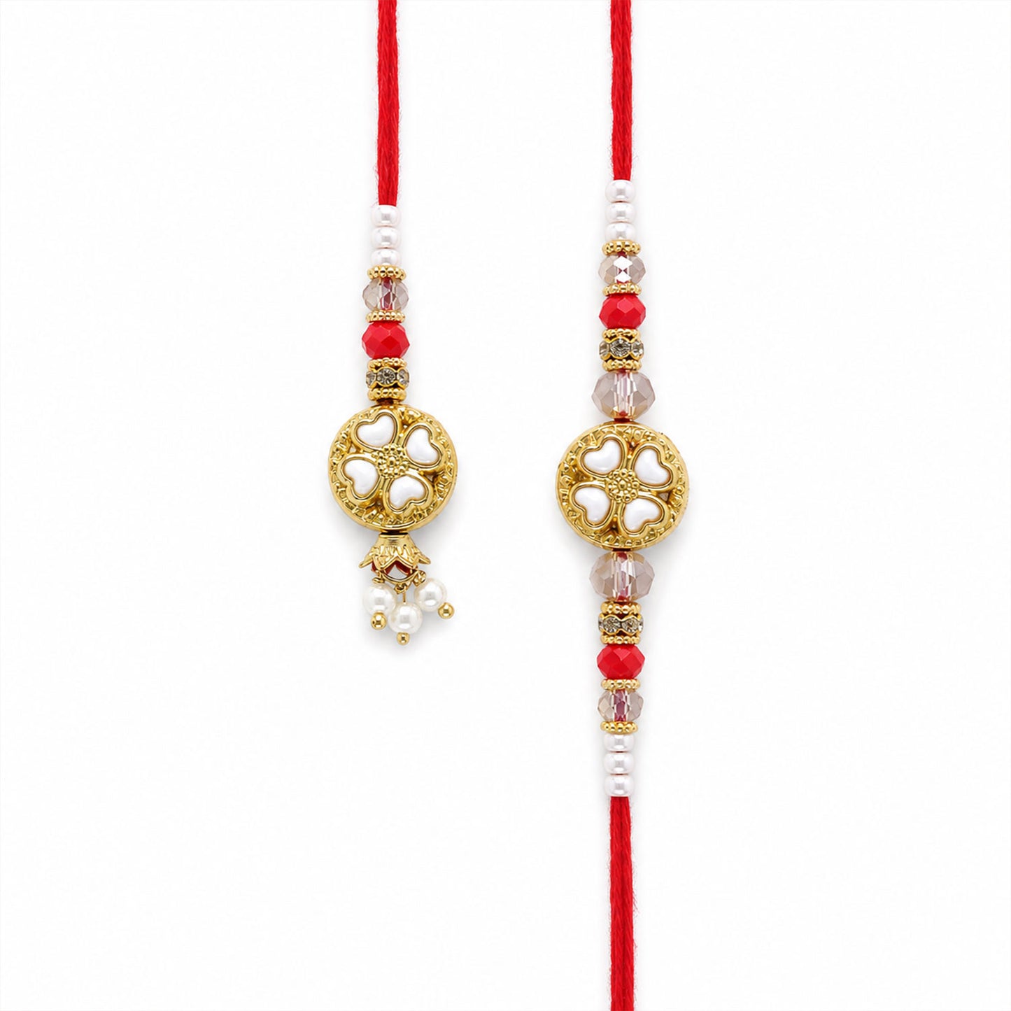 Divine Floral Medallion Bhai Bhabhi Rakhi with Flower Ring and Pearl Drops for Gift
