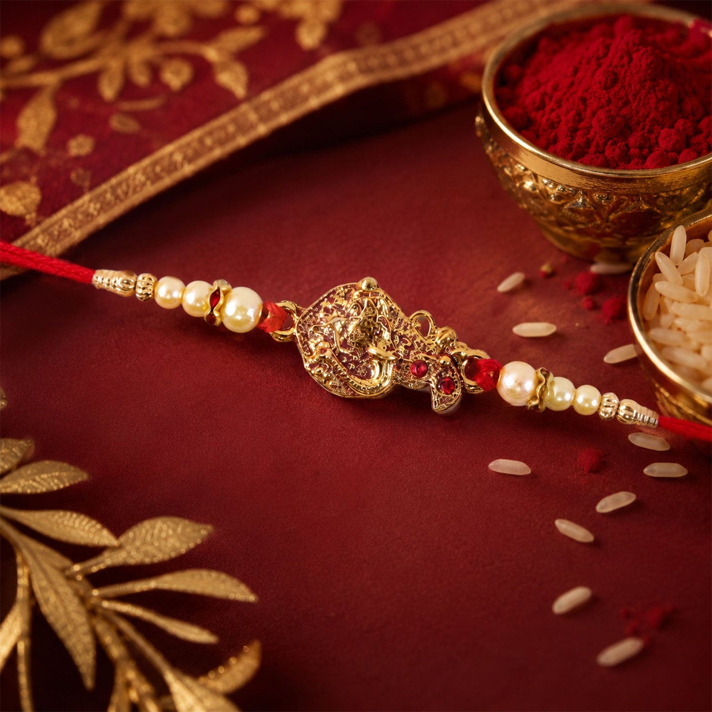 Golden Peacock Rakhi Pearl Beads & Red Thread for Brother on Raksha Bandhan (10pcs)
