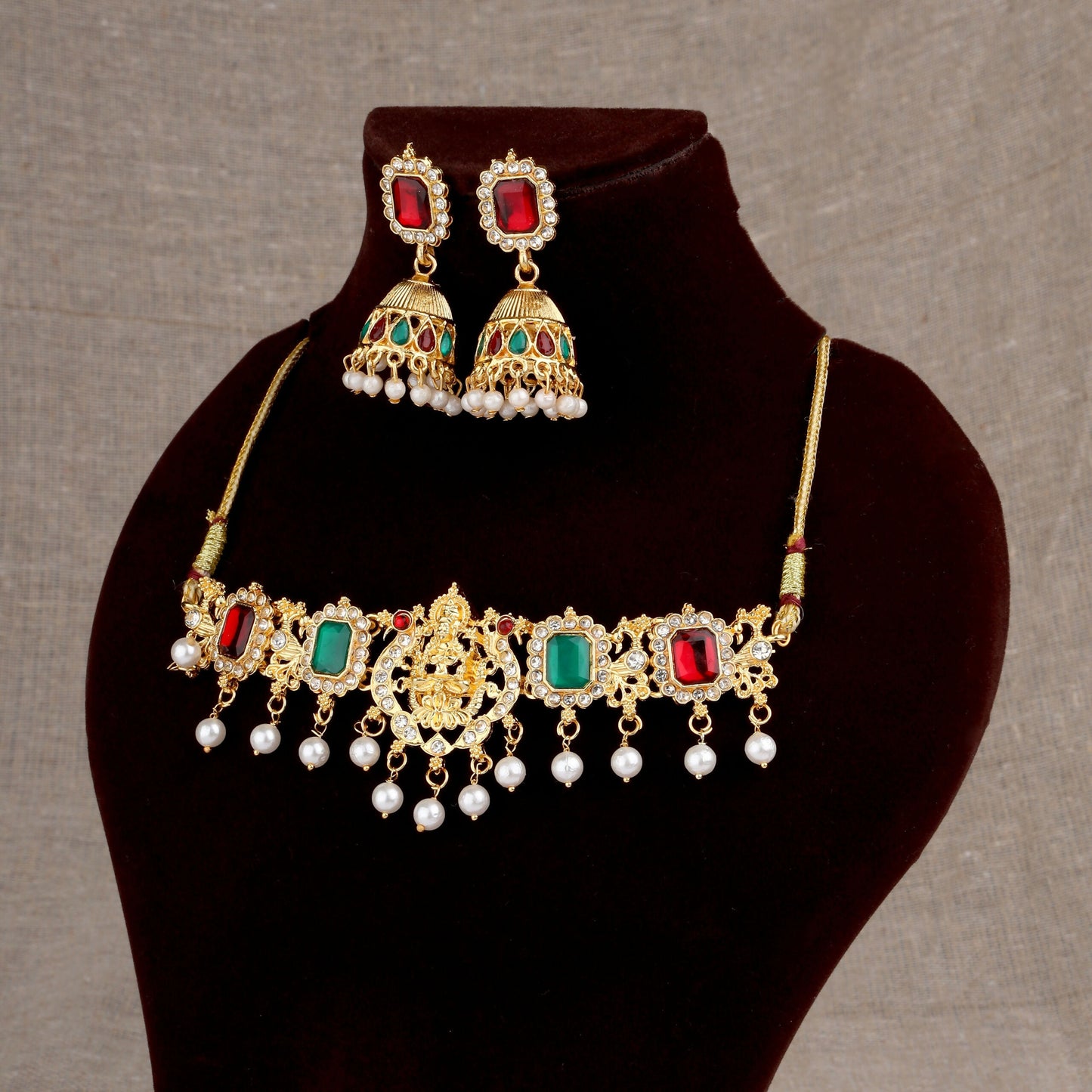 traditional Gold-Plated Lakshmi Temple Choker Set with Jhumkas