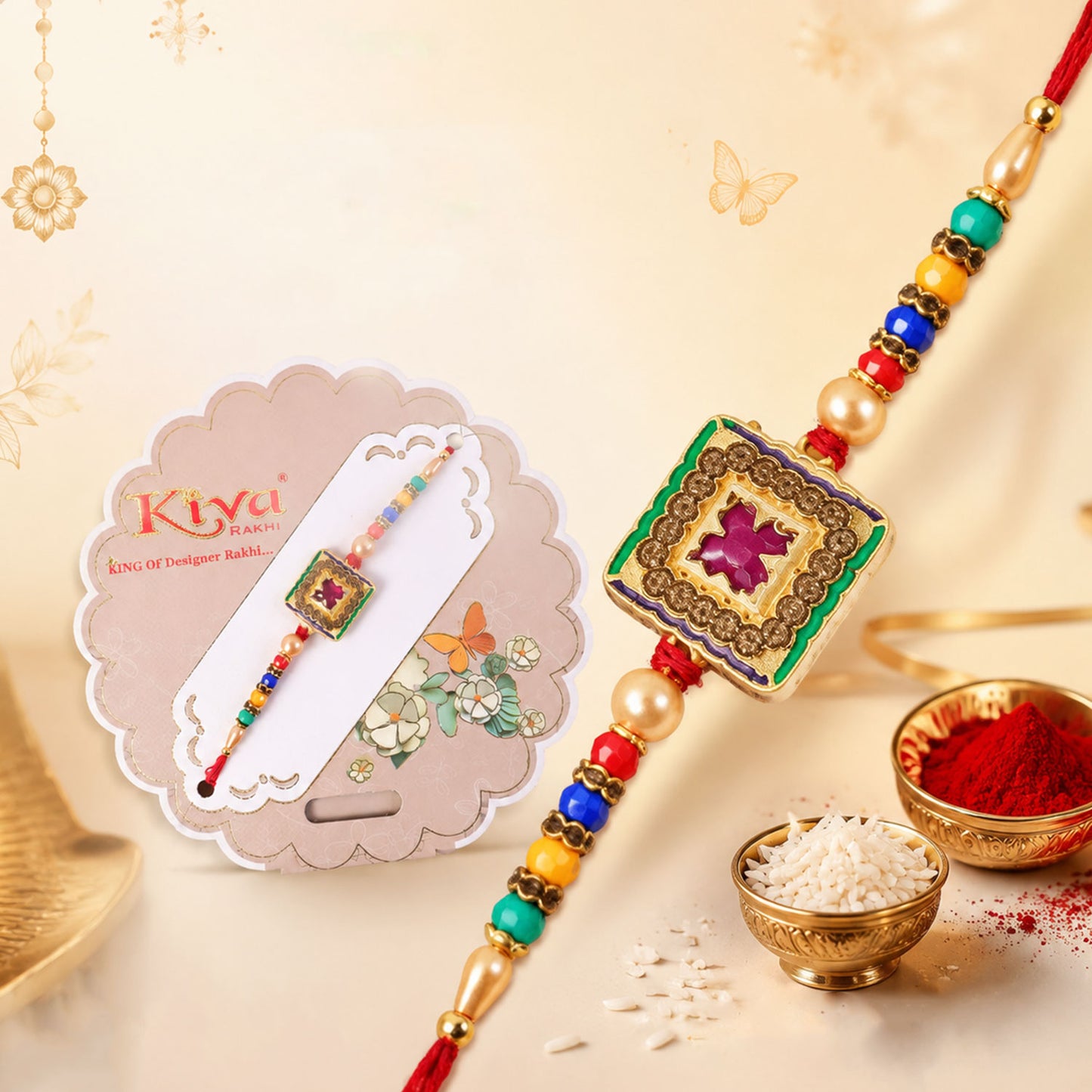 Antique Meenakari Floral Designer Rakhi for Brother, Multicolour Beads