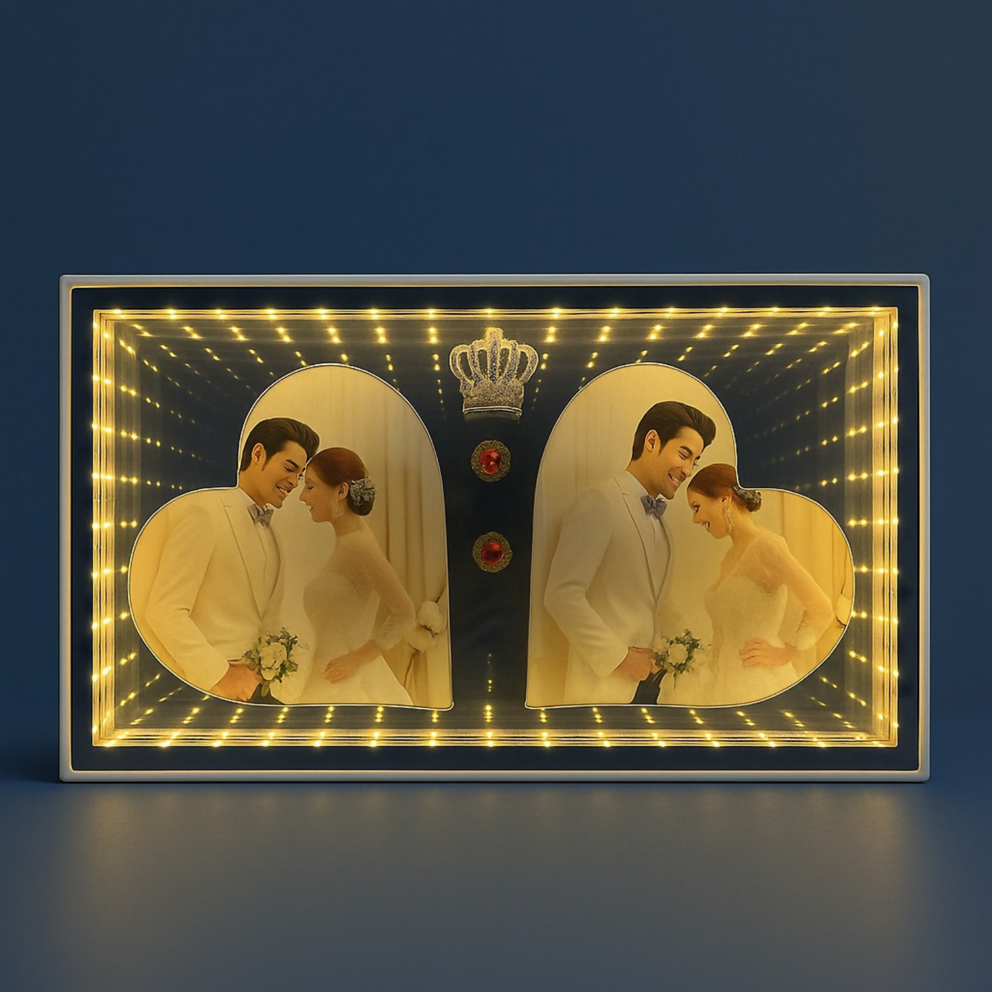 Infinity Mirror LED Double Heart Photo Frame | Warm Light Illuminated Couple Wedding & Anniversary Picture Frame with Crown Design | USB Powered 3D Tunnel Effect Love Lamp for Bedroom, Gift & Home Decor