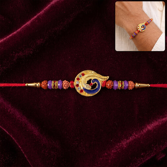 Blue Peacock Rakhi with Purple Beads and Crescent Gold Frame