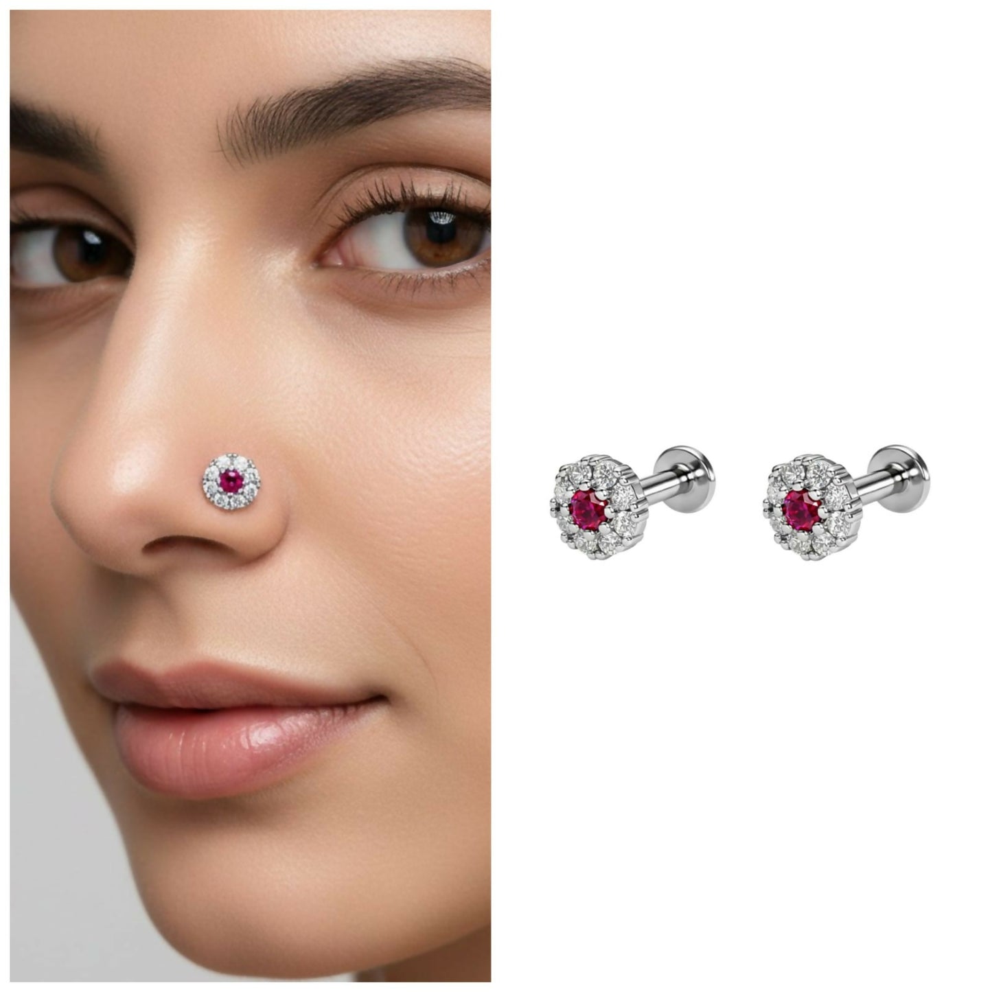 Ruby Floral Halo Nose Pin Silver plated Labret Stud Piercing Combo Pack of 2
