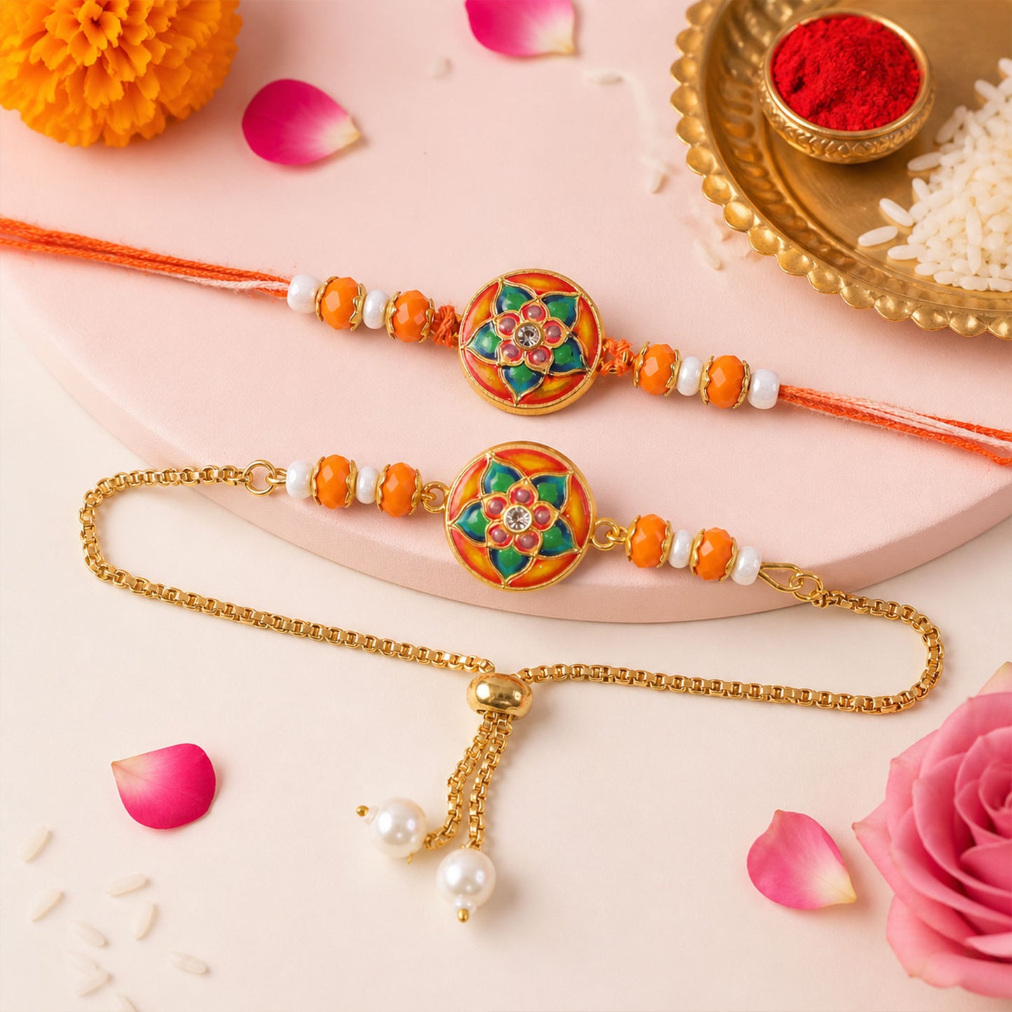 Round Meenakari Floral Mandala Crystal Pearl Beads Bhai Bhabhi Rakhi Lumba Set
