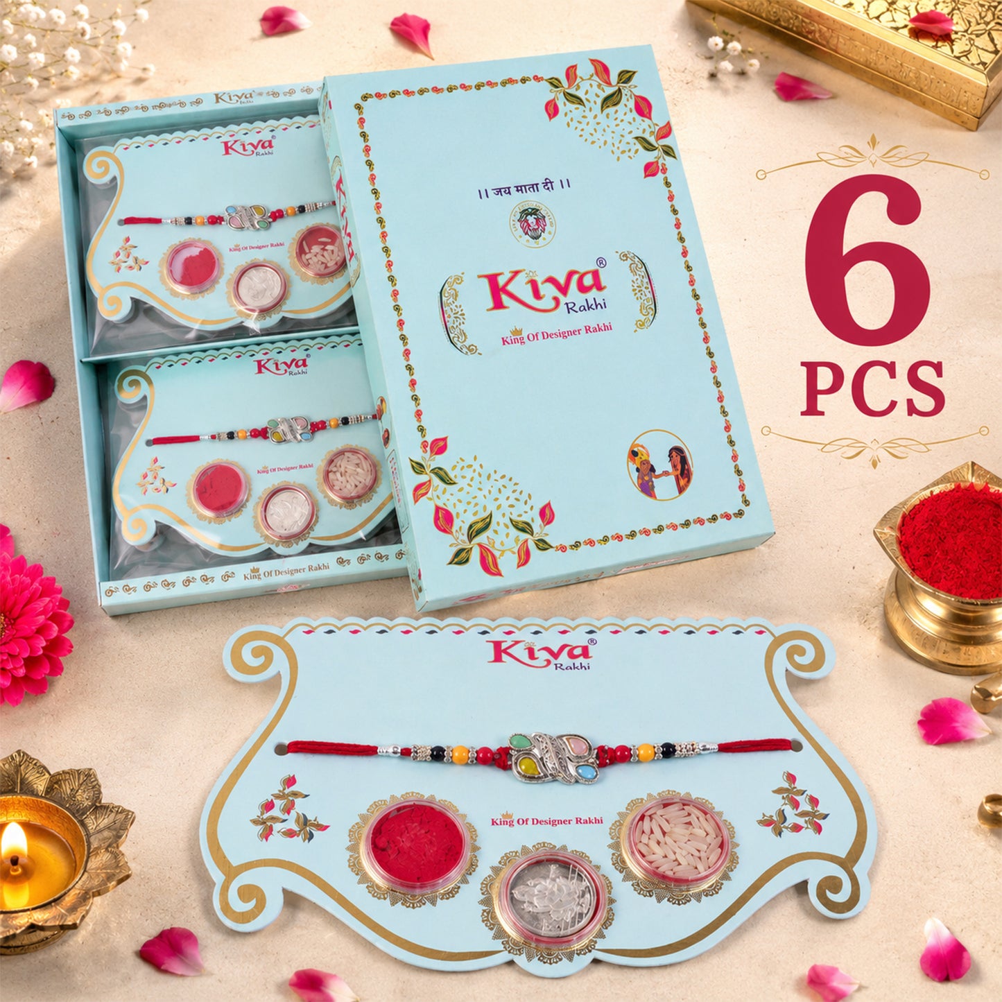 Silver Butterfly Leaf Rakhi with Pastel Stones, Roli Chawal Coin and Card Packing