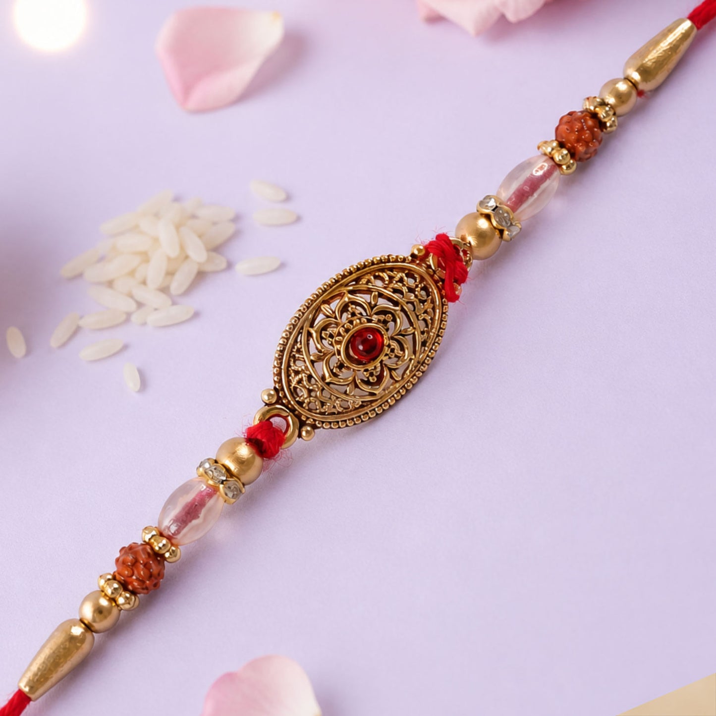 Oxidized Gold Oval Pendant Rakhi with Red Stone and Rudraksha Beads