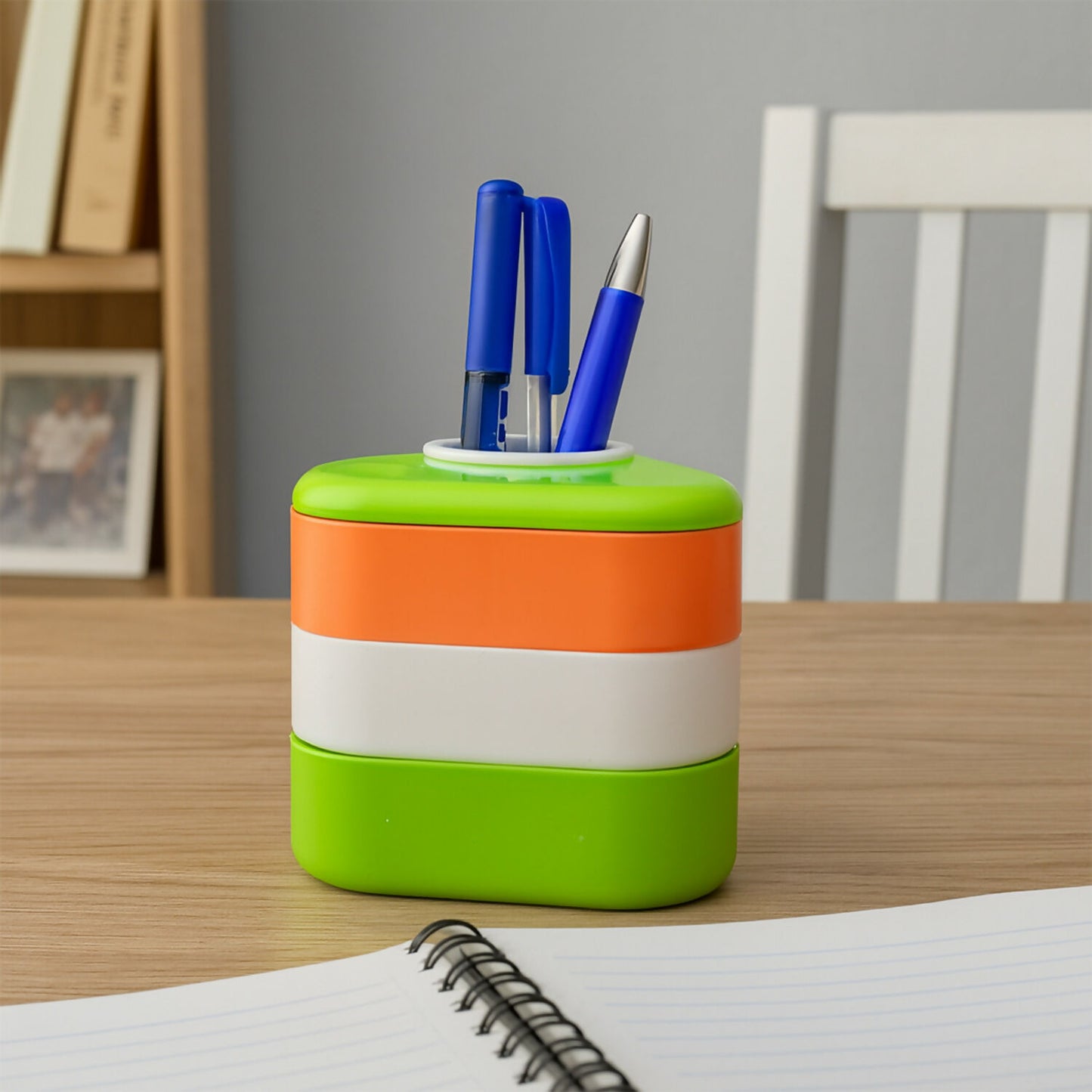 Khyati Tricolour Triangle Pen Stand – Multi-Layer Rotating Desk Organizer with Sliding Compartments
