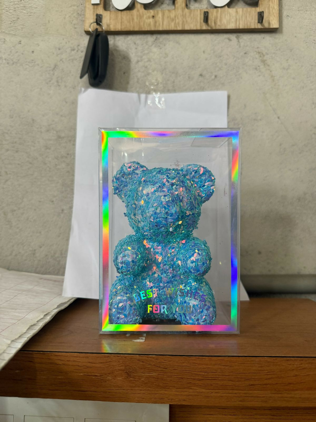 Blue Glitter Teddy Bear Showpiece with Transparent Gift Display Box