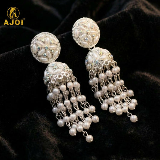 Luxury Handcrafted Pearl Chandelier Jhumka Earrings with Floral Studs & Cascading Pearl Drops