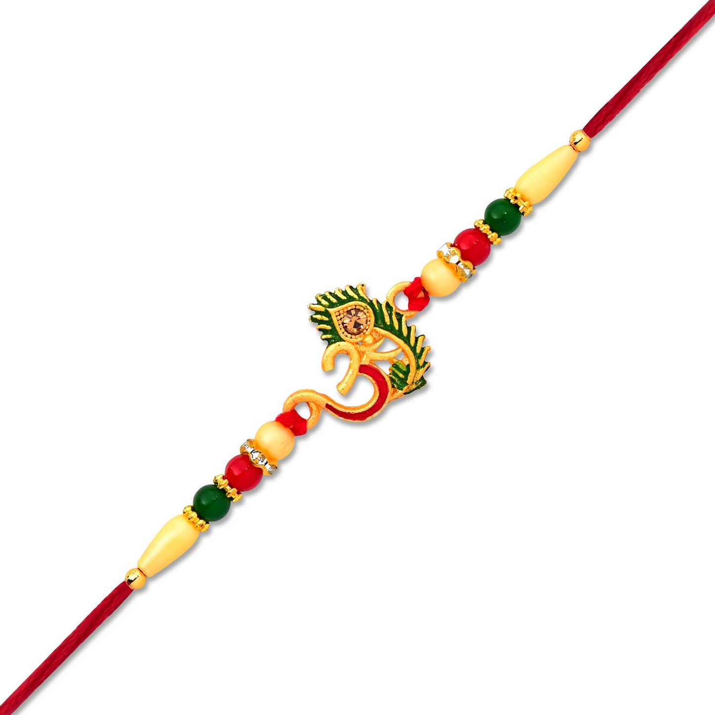 Handcrafted Om & Peacock Feather Rakhi displayed elegantly