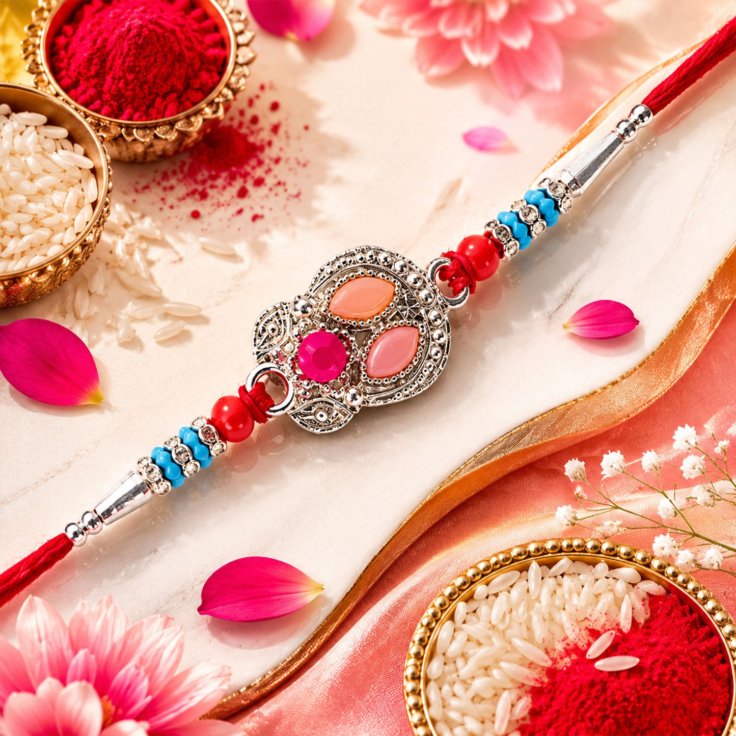 Oval Pink Stone Filigree Rakhi with Red Thread, Roli Chawal Coin and Gift Box Packing