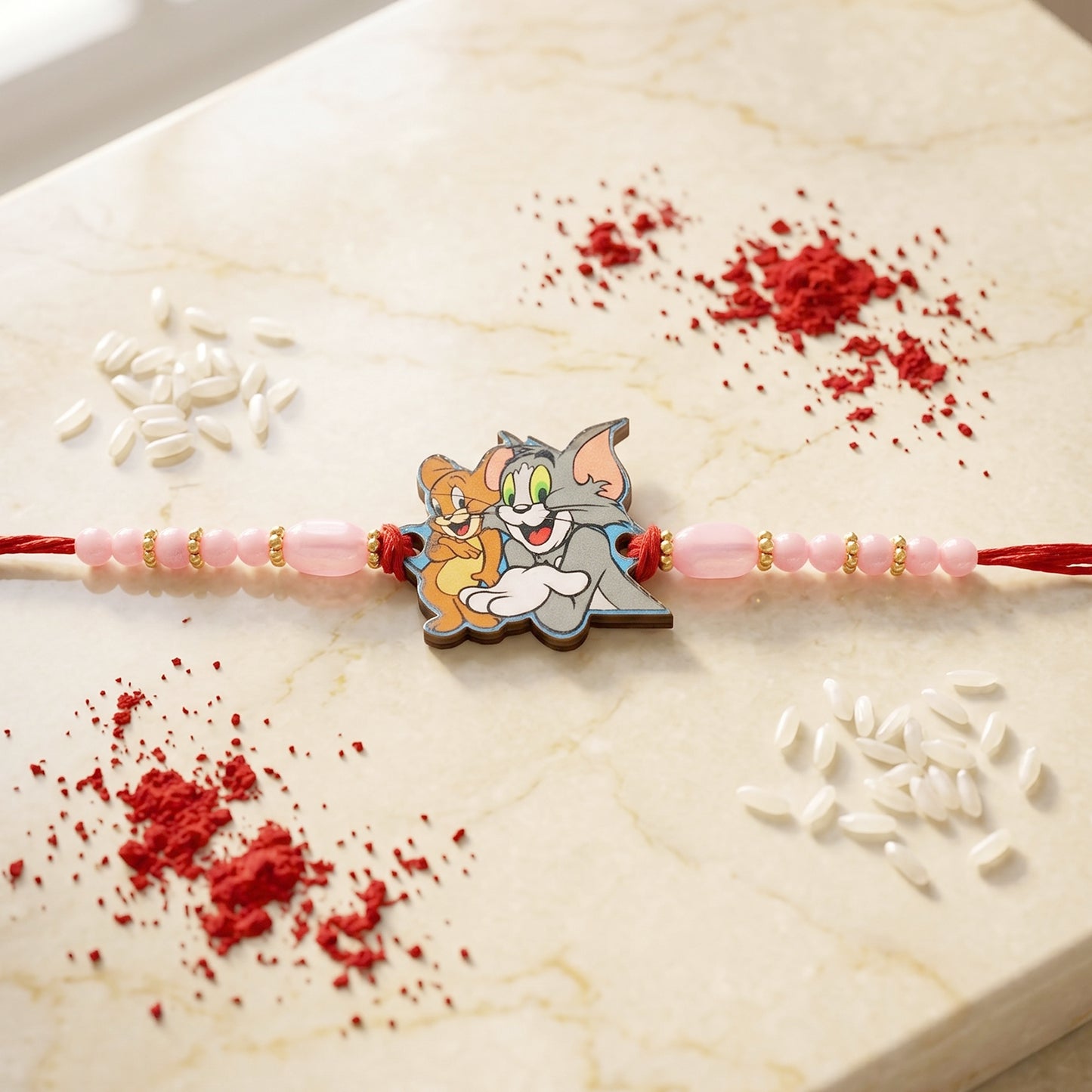 Cartoon Kids Rakhi with Pink Beads and Gold Accents
