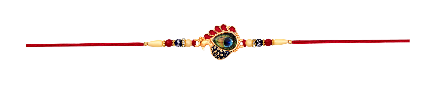 Peacock Feather Rakhi Golden Enamel Pearl Beads for Brother (5pcs)