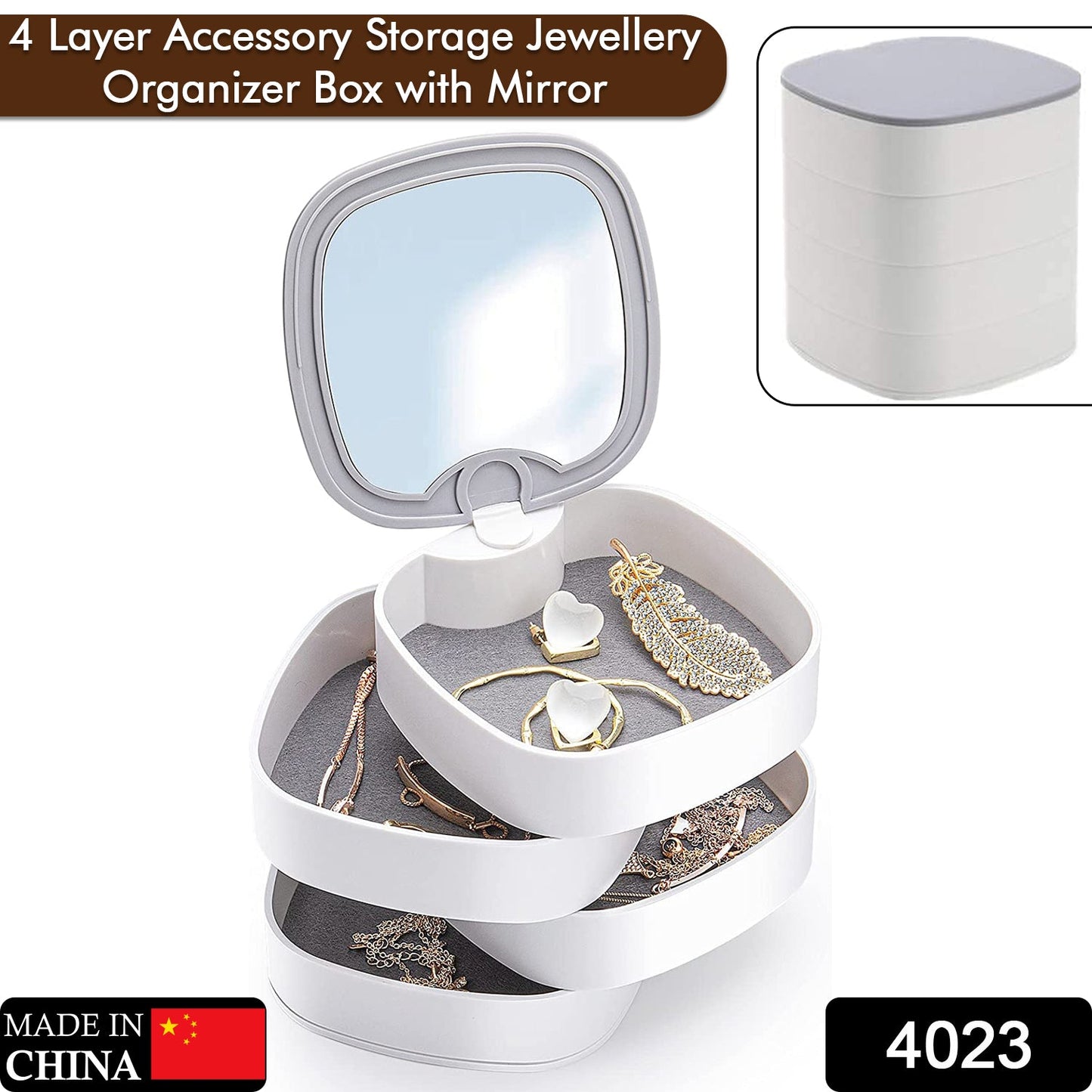 Close-up of rotating jewellery box mirror and colourful layers for accessories India