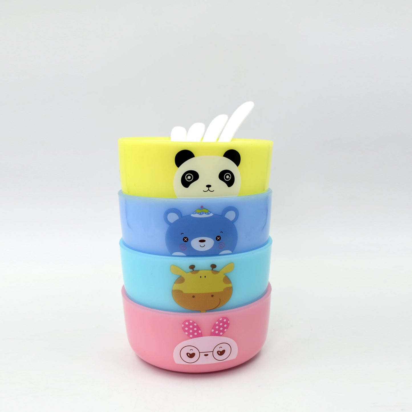 Kid-friendly bowl set with cartoon designs, 4 bowls and spoons