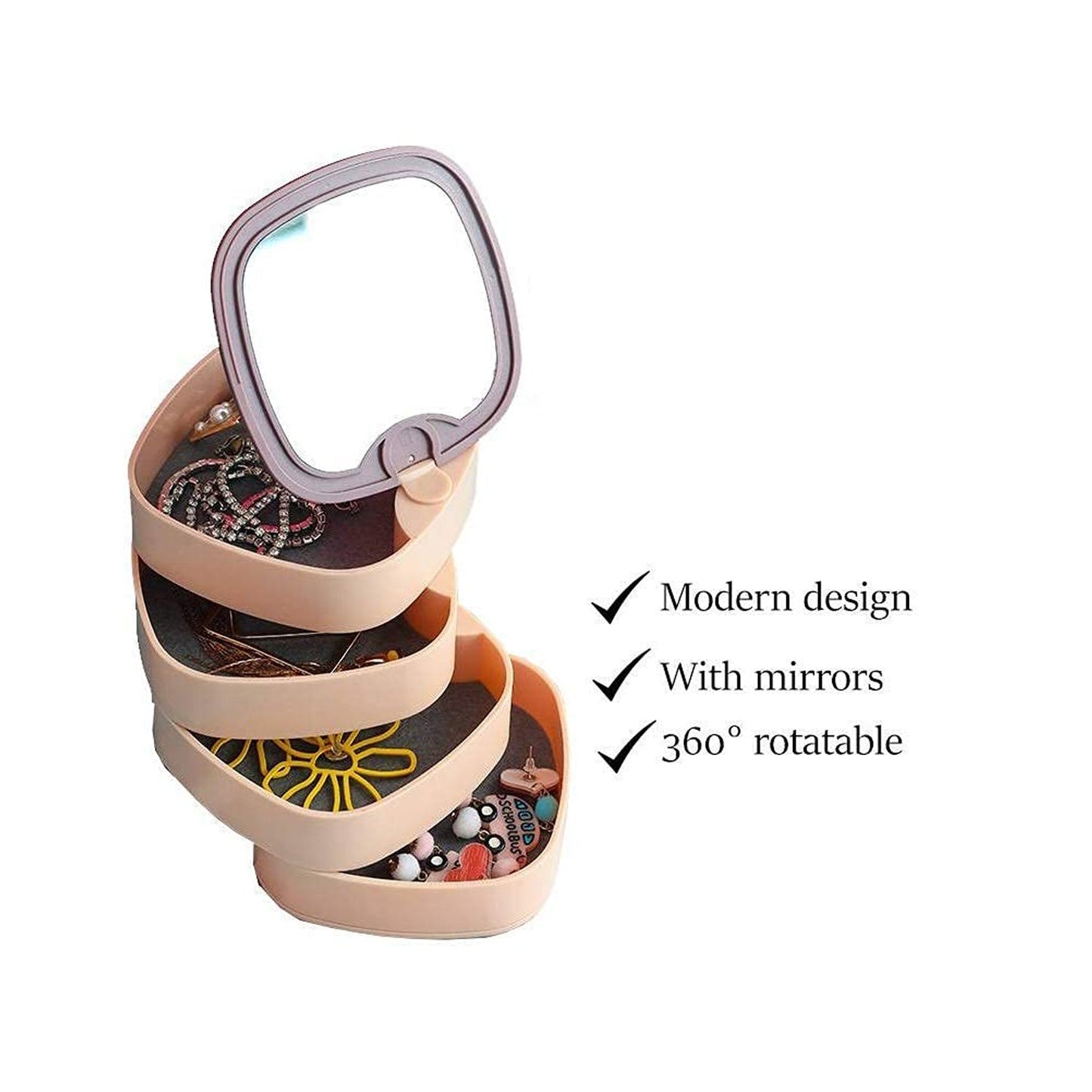 Rotating jewellery box open layers showing earring storage slots