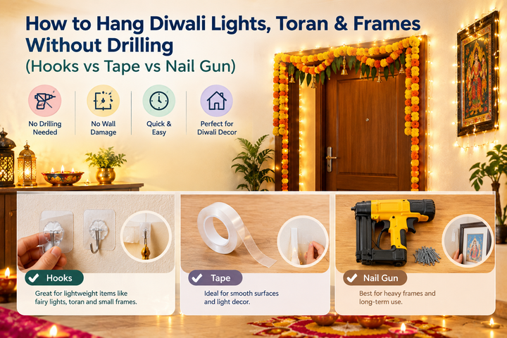 How to Hang Diwali Lights, Toran & Frames Without Drilling (Hooks vs Tape vs Nail Gun)