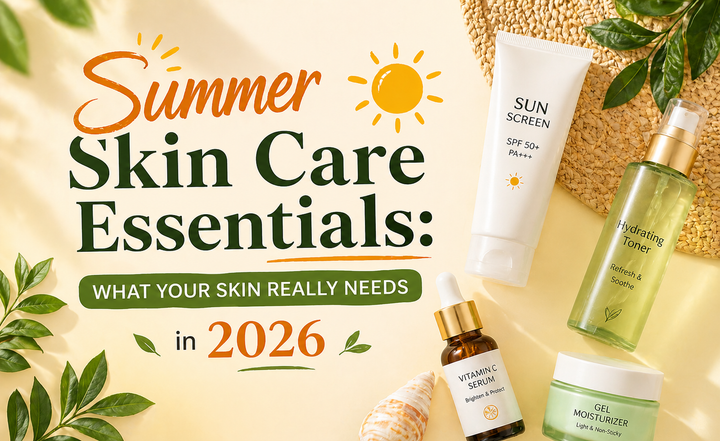 Summer skin care essentials with skincare products for hydration sun protection and glow