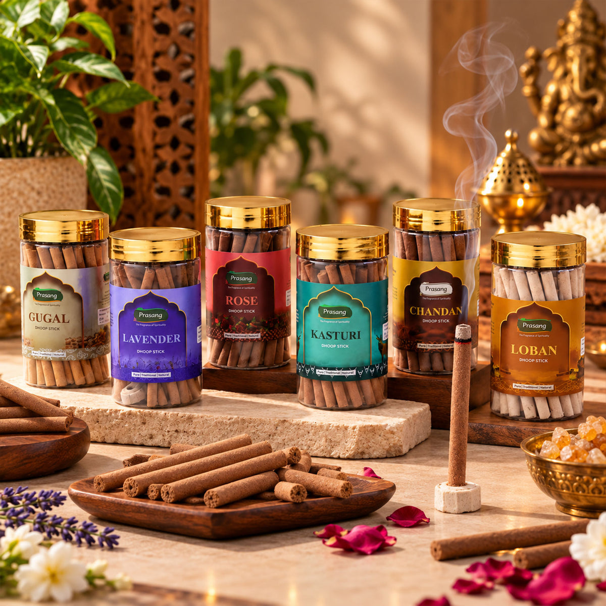 Assorted Fragrance Dhoop Sticks Jar Combo for Daily Puja (6 In 1, 100 Gm Each)