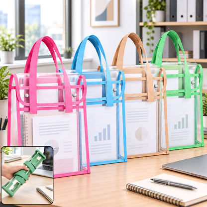 Four transparent document bags with mesh pockets and colored handles: pink, blue, beige, and green, on a wooden desk.
