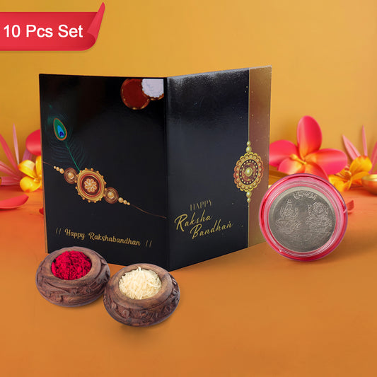 Raksha Bandhan Gift Set – Roli Chawal with Greeting Card & Silver-Coated Coin (10 Pcs Set)